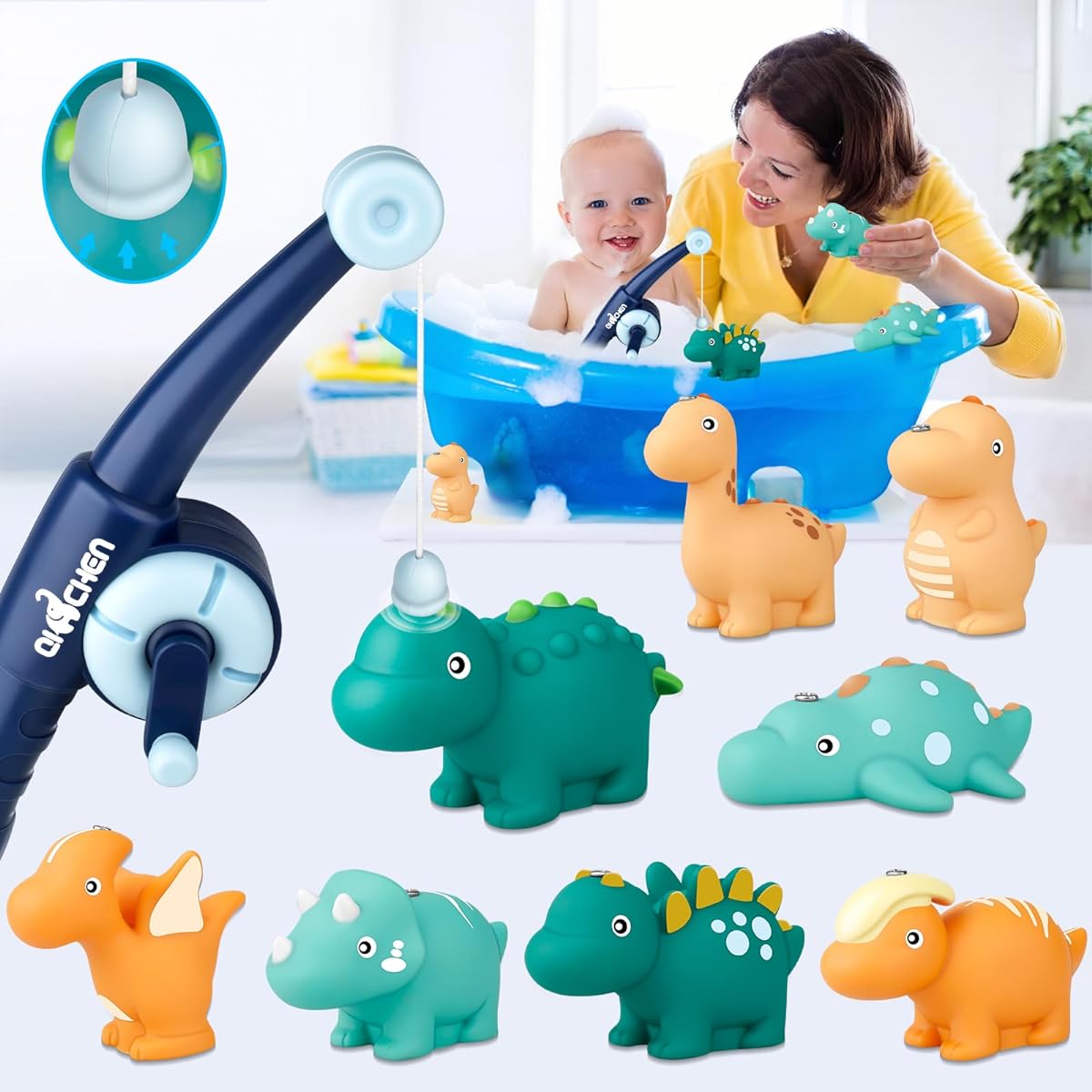 Bath Toys, Bath Toys for Toddlers, Magnetic Fishing Game with Toy Fishing Pole and 8 Dinosaurs, Baby Water Toys, Bath Time Toys for Toddlers Boys Girls
