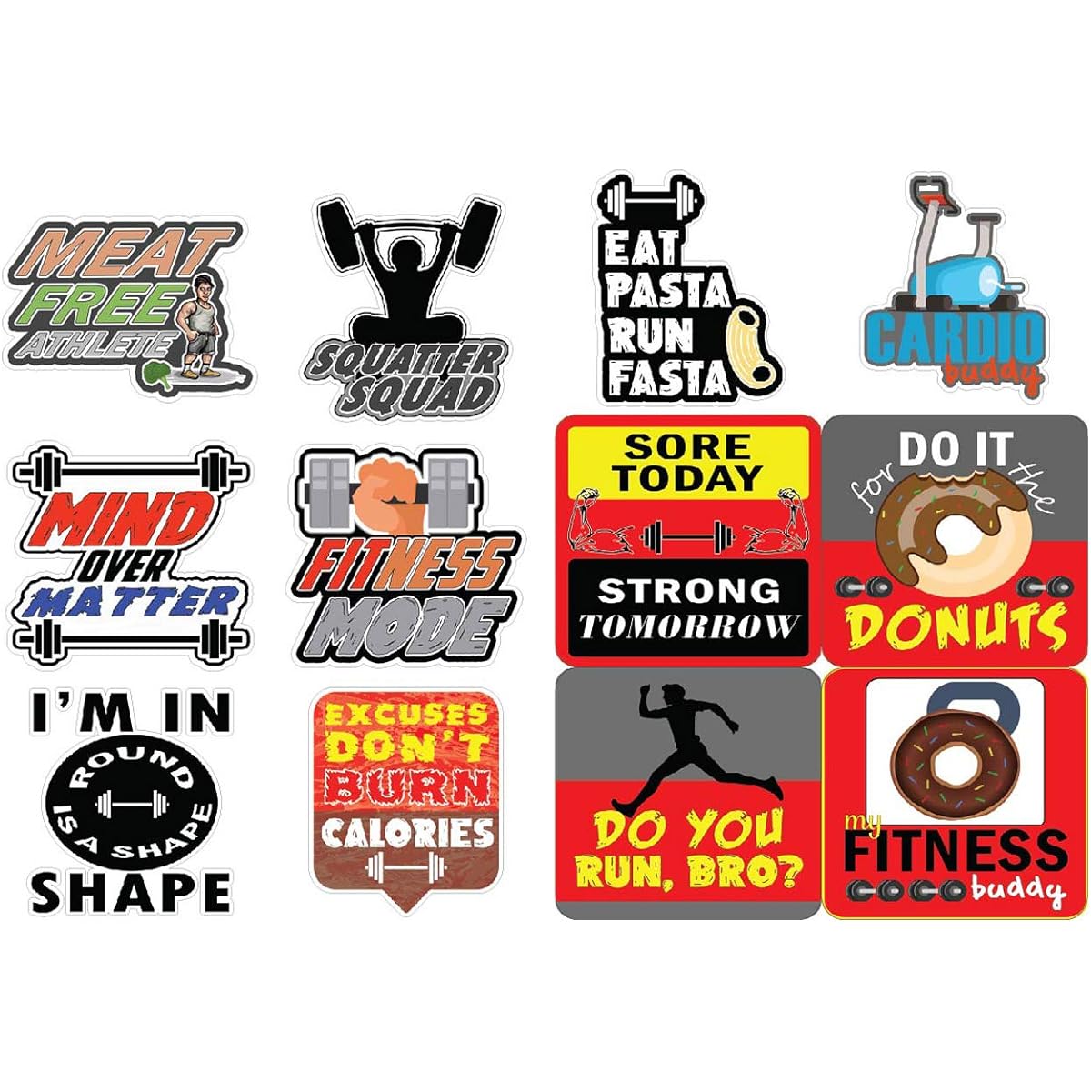 Funny Fitness Stickers - Bulk Set of 4 (12 x 4 each) - Approximately A7 Size 3.54 x 3.94 inches DIY Decorative Decal for Flat Surface Laptop Skateboard Luggage Car Bumper Bike Bicycle