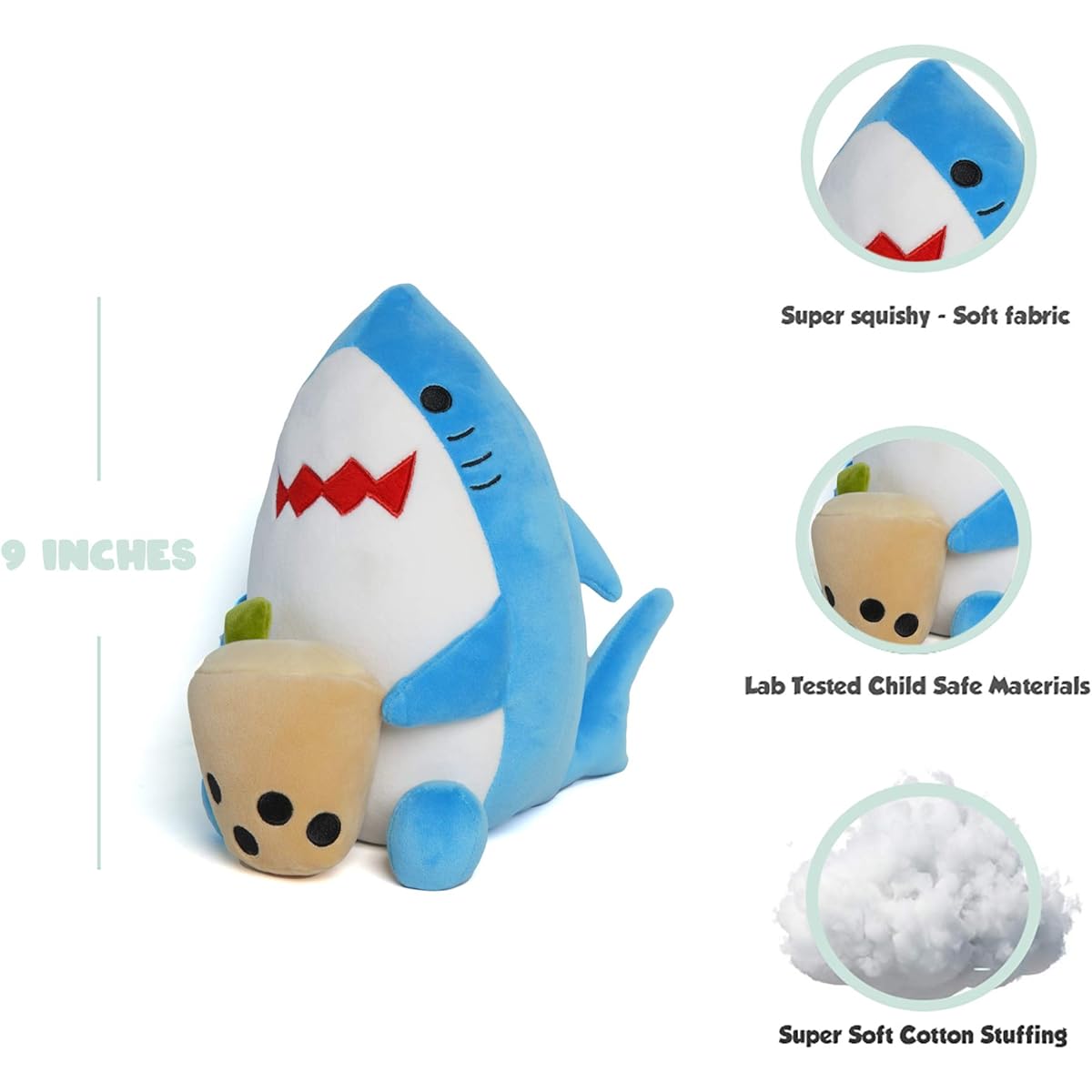Avocatt Boba Shark Plush Toy - 9" Stuffed Shark Toy - Huggable Cute Japanese Anime Style Gift - Iced Bubble Milk Tea Shark Gifts for Boys and Girls