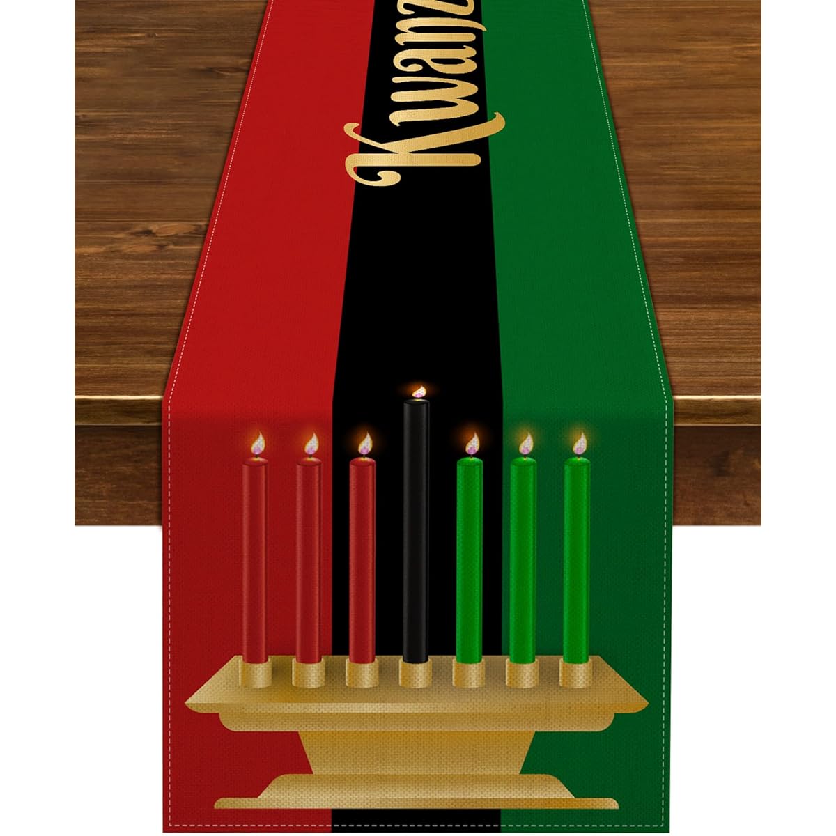 Nepnuser Linen Happy Kwanzaa Table Runner African American Harvest Holiday Party Decor Kinara Candle Pattern Table Cover Kitchen Dining Room Home Decorations - 72 Inch