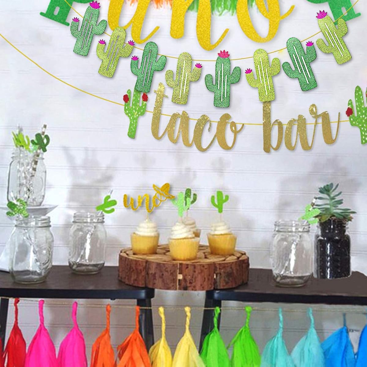 Fiesta Taco Bar Cactus Banner Garland Gold Green Sparkly Fiesta Banner Mexican Fiesta Party Cinco de Mayo Decorations Set of 2