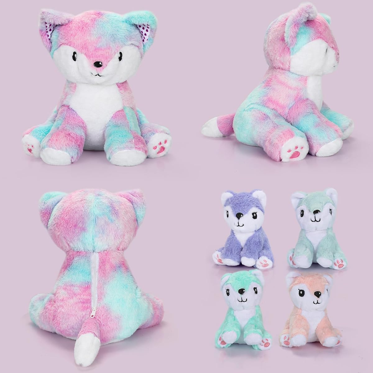 Smikawy Stuffed Fox Plush Toy, Fluffy Plush Toy, Set of 4 Baby Foxes, Rainbow Fox Toy, Family, Christmas, Birthday, Girls, Boys