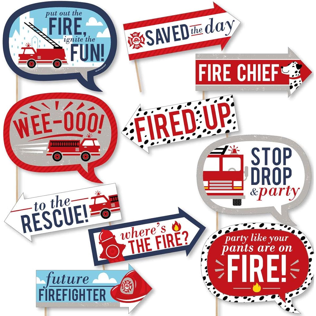 Fire Up Fire Truck Fire Fighter Fire Engine Baby Shower Birthday Party Photo Booth Props Kit 10 Pieces