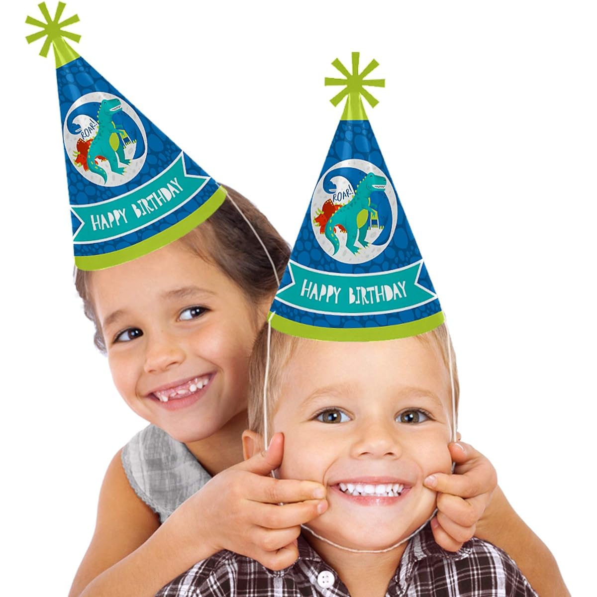 Roar Dinosaur Cone Happy Birthday Party Hats for Kids and Adults, Set of 8, Standard Size