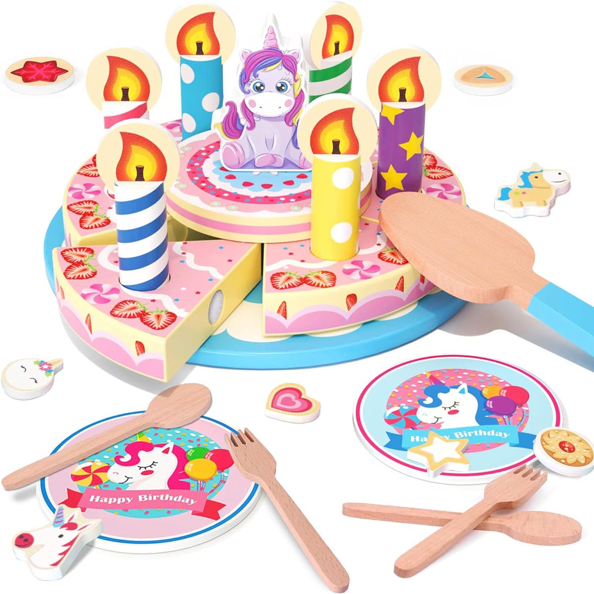 Wooden Birthday Cake Pretend Play Food Set - Unicorn