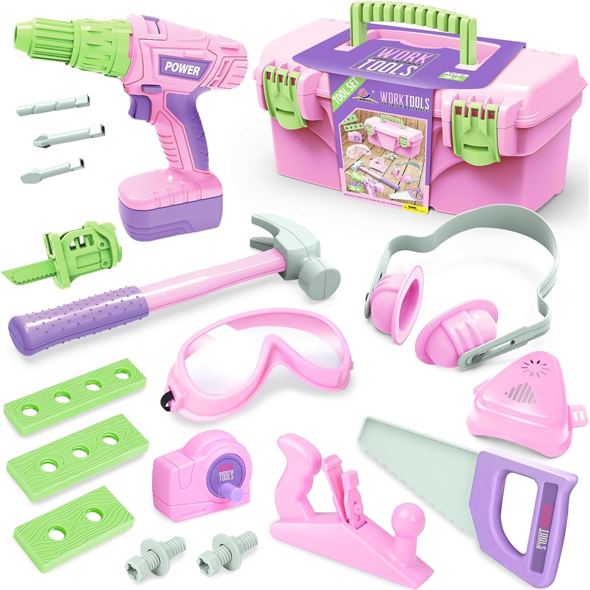 Tool Set for Kids, Tool Set for Girls, Pretend Play, Building Toy Tools with Tool Box, Tool Set for Toddlers with Electric Toy Drill, for Toddlers, Boys, Girls, Kids, Tools, Toys, Pink, Ages 3+