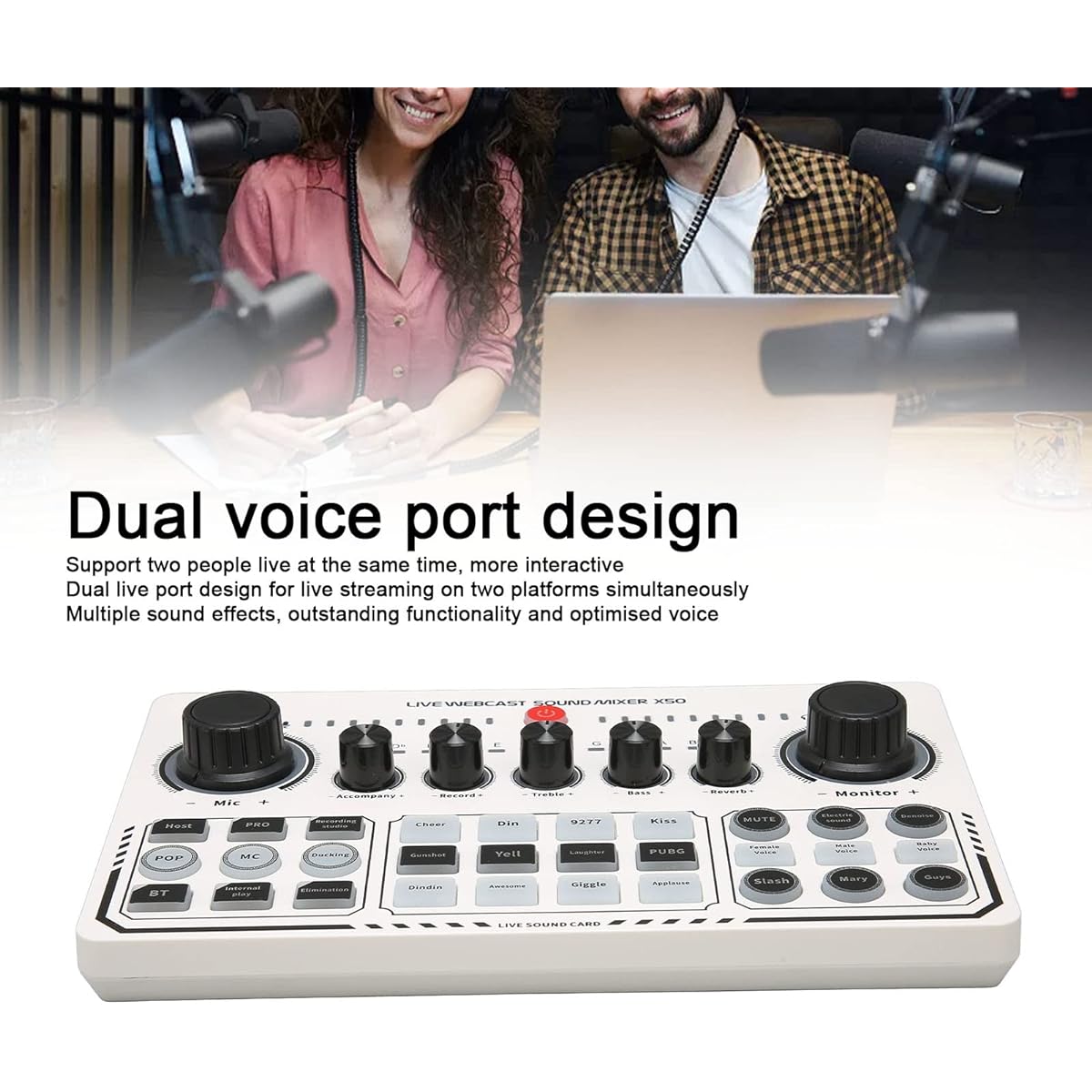 X50 Live Sound Card 12 Warm-up Sound Effects One Touch Mute USB External Sound Card DJ Mixer for Live Streaming/PC/Recording