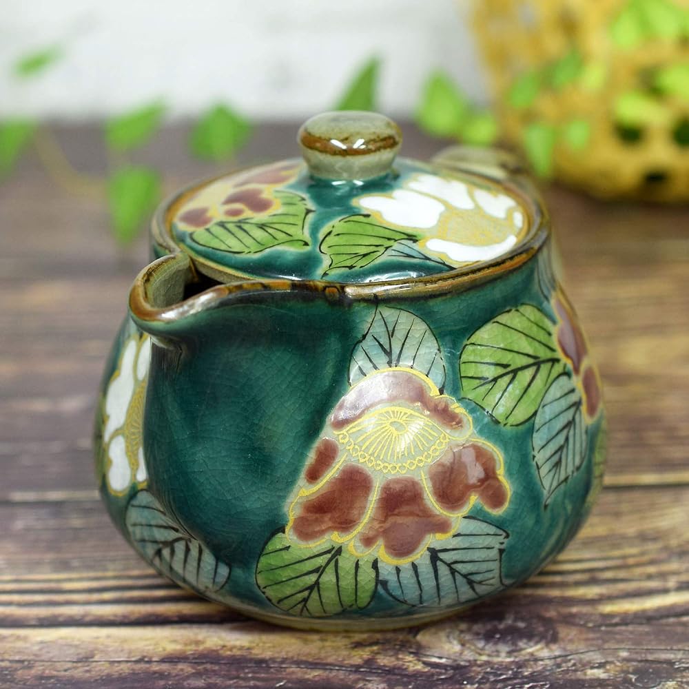 Teapot Stylish Kutani ware Teapot Pot Green Sasanqua Ceramic Japanese tableware Made in Japan Comes with tea strainer mesh