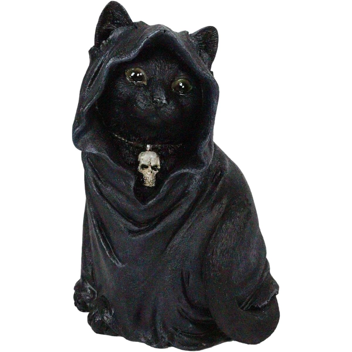 Ebros Gifts Lifelike Halloween Black Cat Zealot Wizard Cloak and Necromancer Skull Necklace Figurine Wizard Witch Wicca Occult Magical Cat Cat Decor Doll