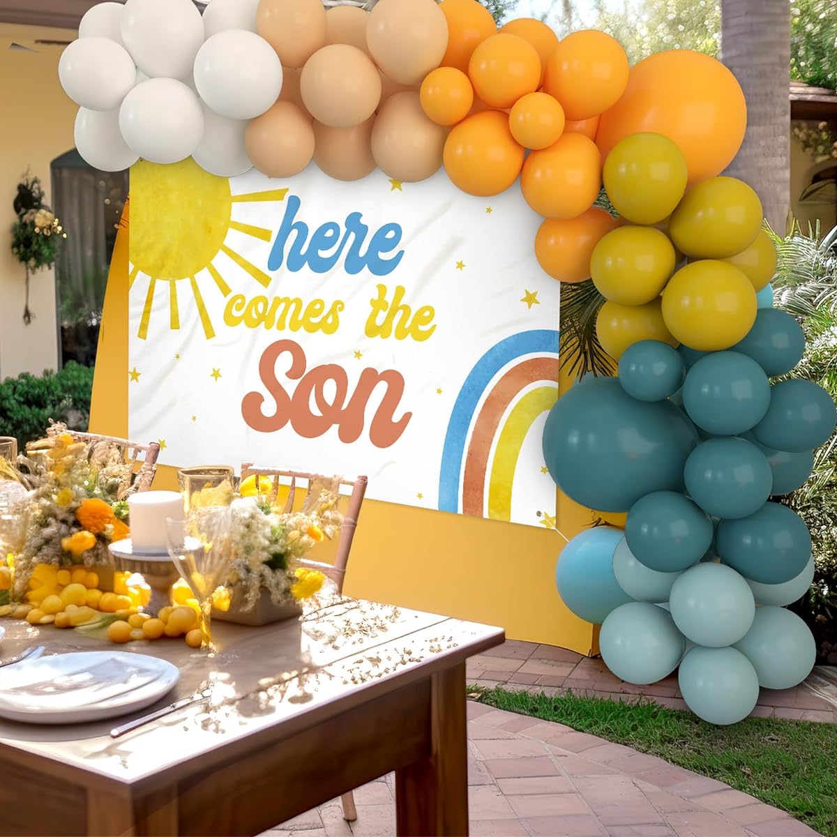 Vansolinne Here Comes the Son Party Decorations Boho Sun Balloon Arch Kit Sun Baby Shower Fabric Backdrop Banner Retro Beach Theme Photography Background Sun's First Journey Baby Shower Supplies