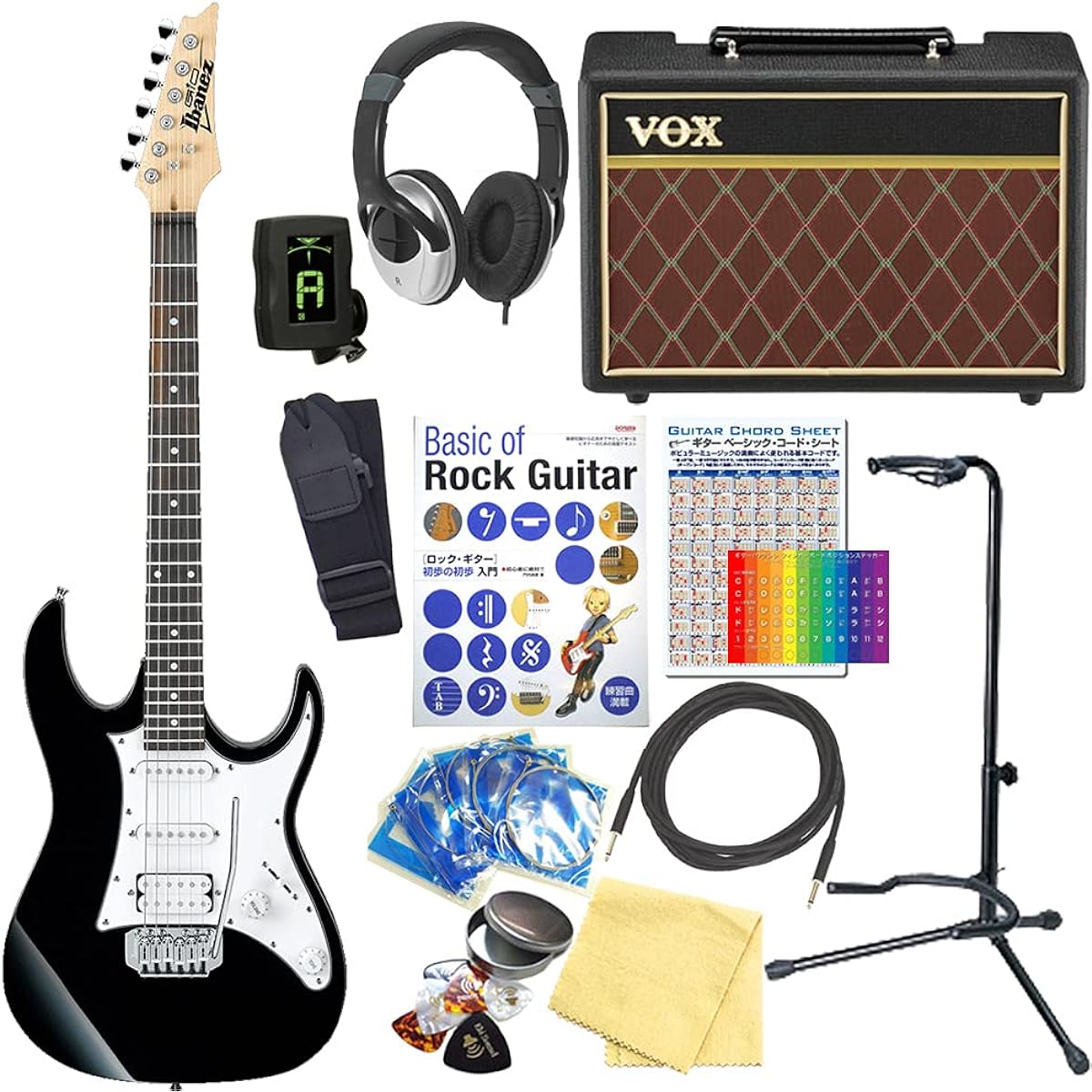 Ibanez GRX40 BKN Electric Guitar with VOX Amplifier, Beginner's 15-piece Set