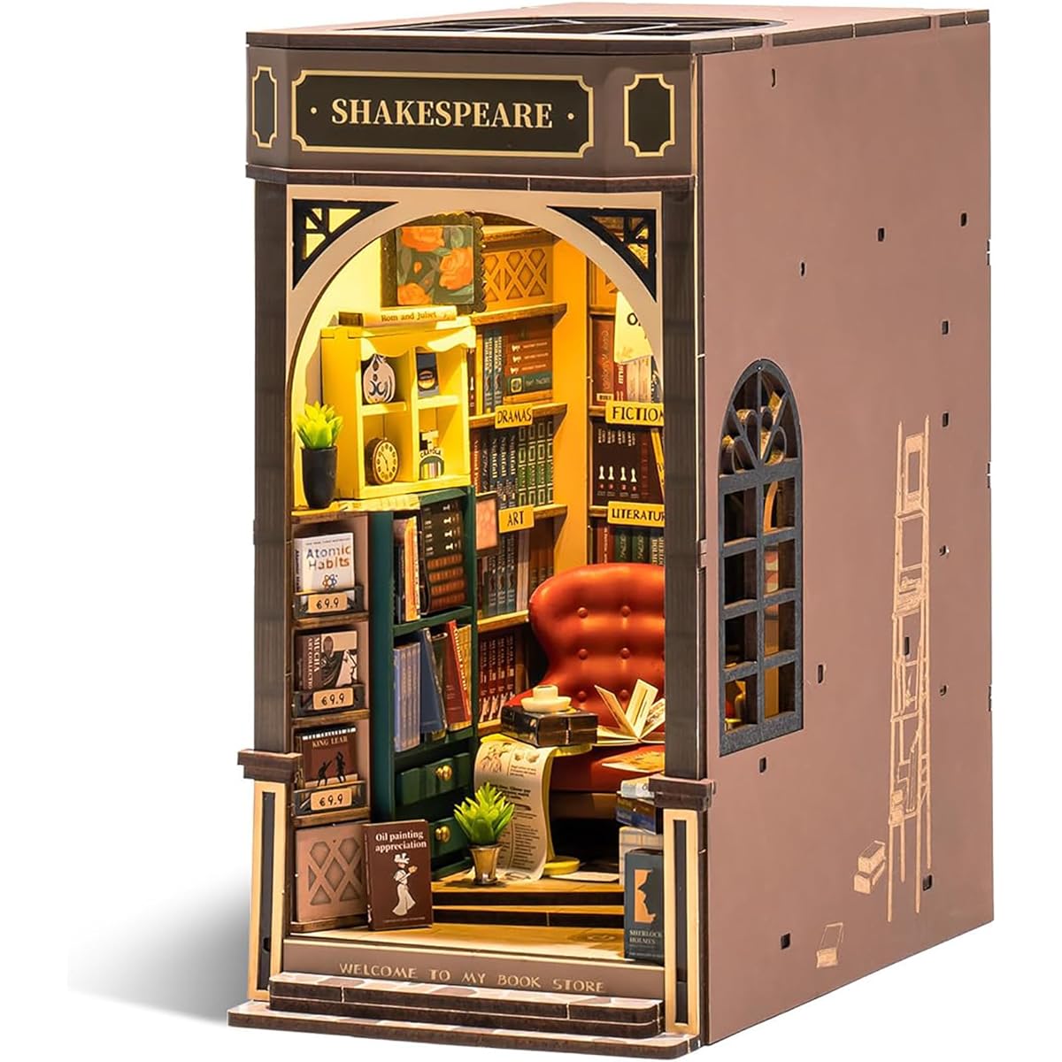le Craft Wooden Handmade Kit Miniature Dollhouse Kit Book Stand Assembling Bookshelf Decoration LED Switching Light Miniature House Mini World Even Beginners and Junior High School Students Can Do It Alone Ideal as a Gift Official Sales (Bookstore-TGB07)