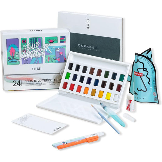 HIMI Watercolor Paint Set, 24 Vibrant Colors in a Pocket Box with Watercolor Paper Pad and Watercolor Brushes, Perfect for Students, Kids, Beginners, etc.