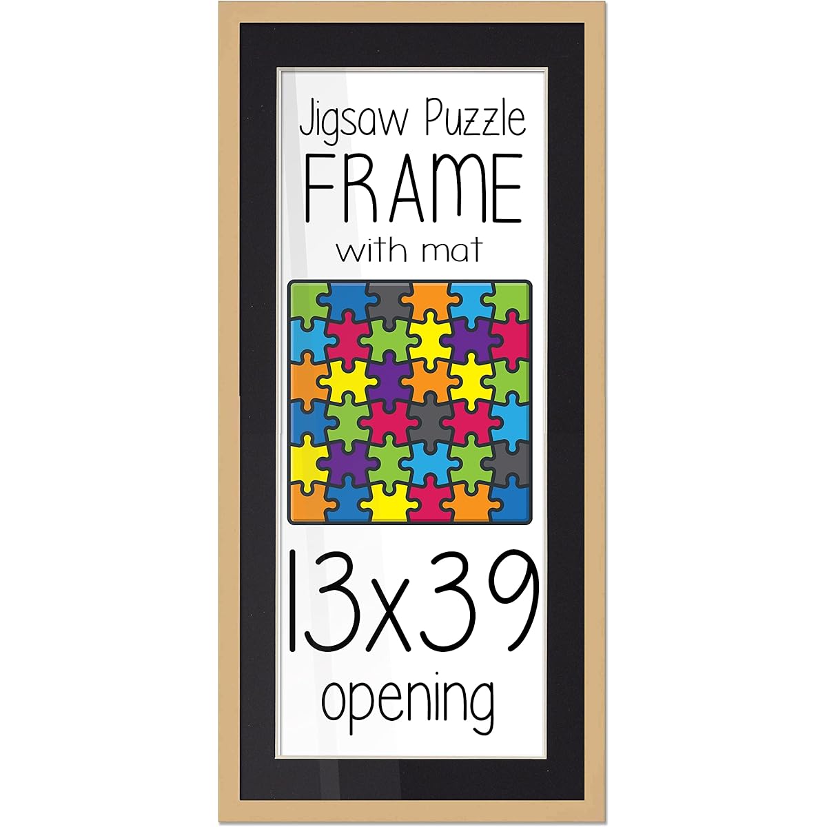 CountryArtHouse 13x39 Puzzle Frame Natural Wood - Includes Black Photo Mat, Shatterproof Acrylic Front, Foam Backing Board, and Wall Hardware