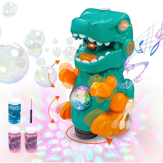 amireed Dinosaur Bubble Machine Bath Bubble Machine with 3 Bubble Solutions LED Light and Music for Boys Girls (Green)