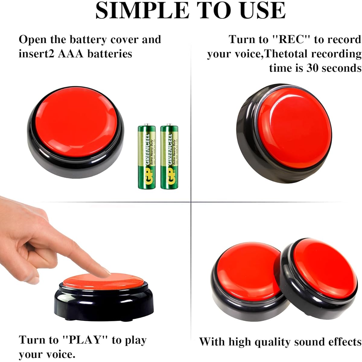 Recorder Button 30 Seconds Recording Sound Button Gift Educational 2 AAA Batteries Included (Red+Black)