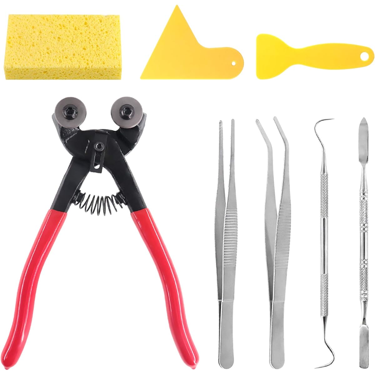 Swpeet 8 Pieces Mosaic Tool Kit Heavy Duty Glass Mosaic Cutting Nippers with Wheeled Cutter Pliers and 2 Scrapers, 2 Tweezers, 1 Double Ended Hook, 1 Spatula and 1 Sponge for Mosaic Tiles