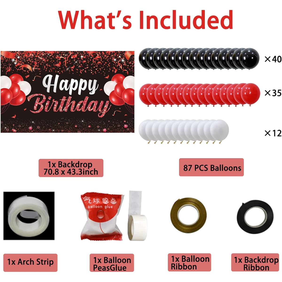 Trgowaul Happy Birthday Decoration Balloon Kit, Red Happy Birthday Banner Birthday Party Supplies for Men and Women, 60 Pieces Latex Confetti Balloons, Red Black Decorations for Birthday Party