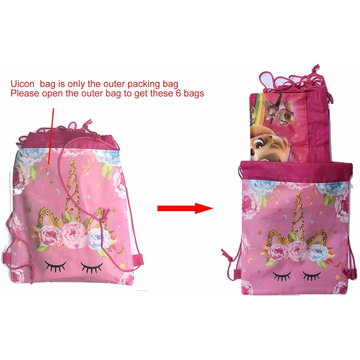 Pink Everest Skye Party Bags Kids Girls Paw Petrol Drawstring Bags Gifts Party Favors 6 Pack