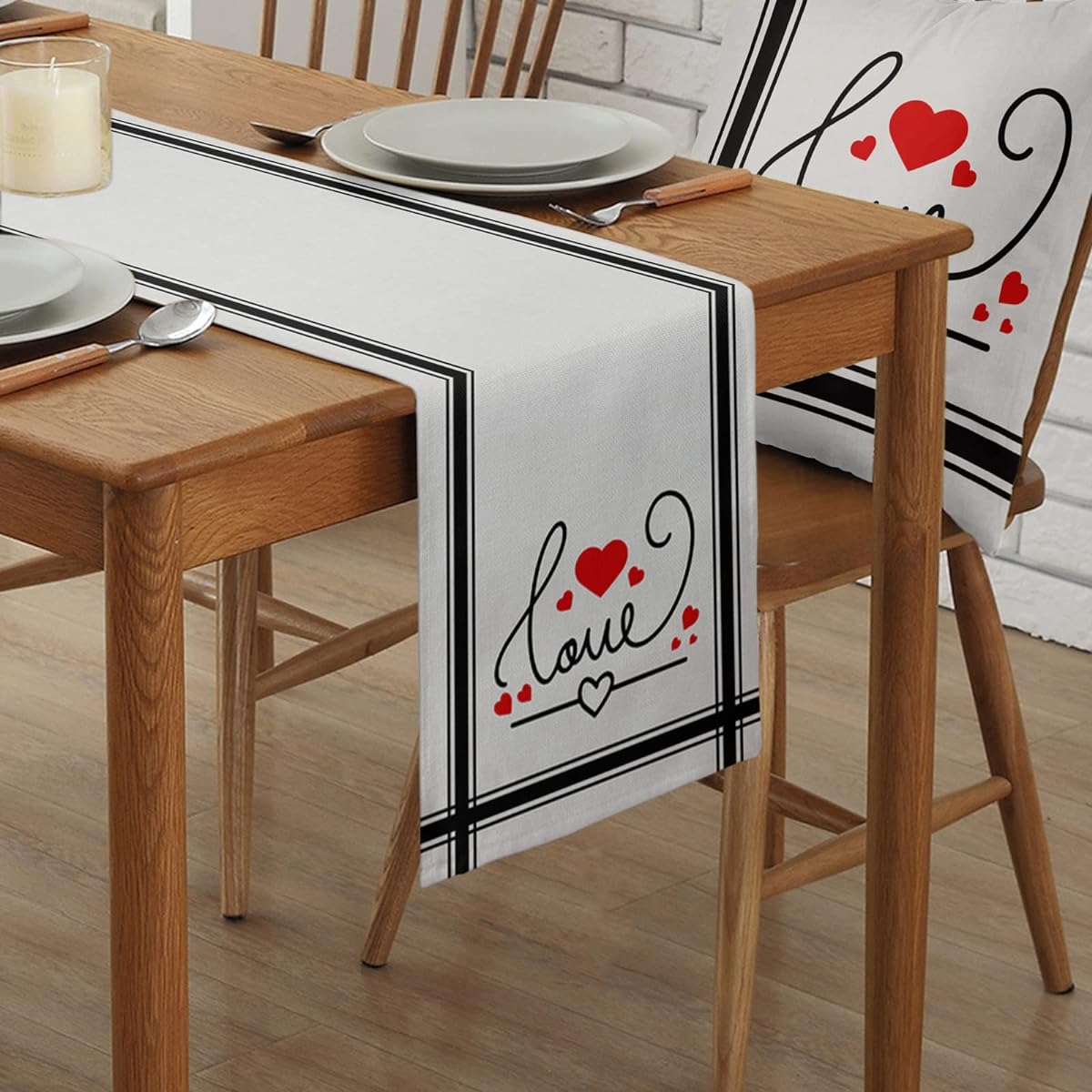 Valentine's Day Table Runner 90 Inch Length Cotton Linen Kitchen Dinner Heart Love Table Runner Red Valentine Black Geometry Striped Gauge Burlap Table Runner for Table/Dresser/Dining/Party/Wedding