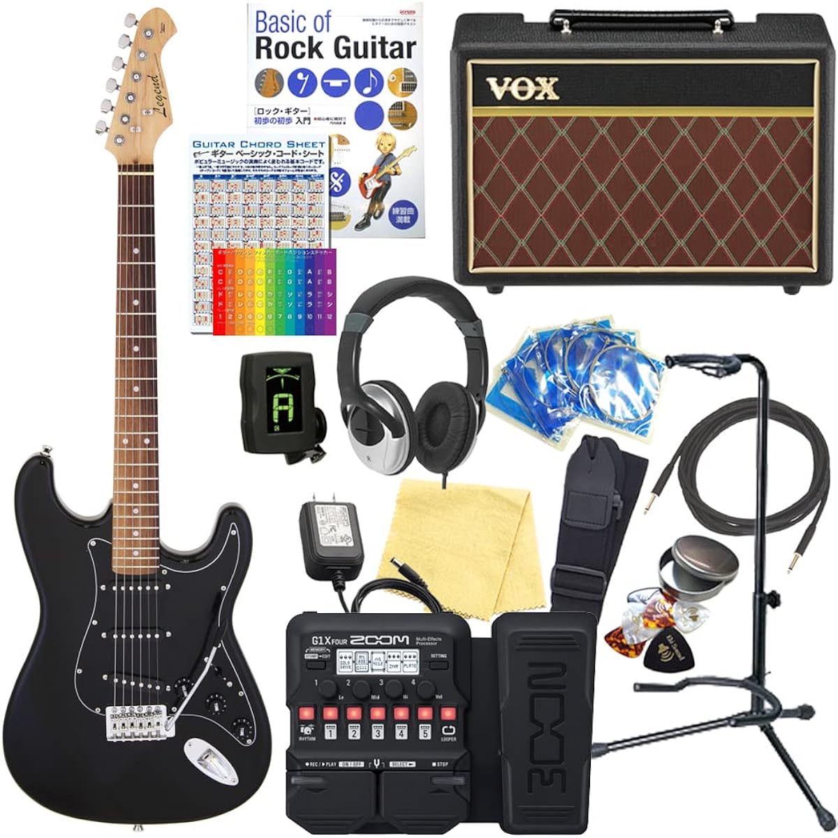 Electric guitar beginner set Stratocaster type 18-piece set with VOX amplifier Legend LST-Z BBK [ZOOM G1XFour multi-effector included]