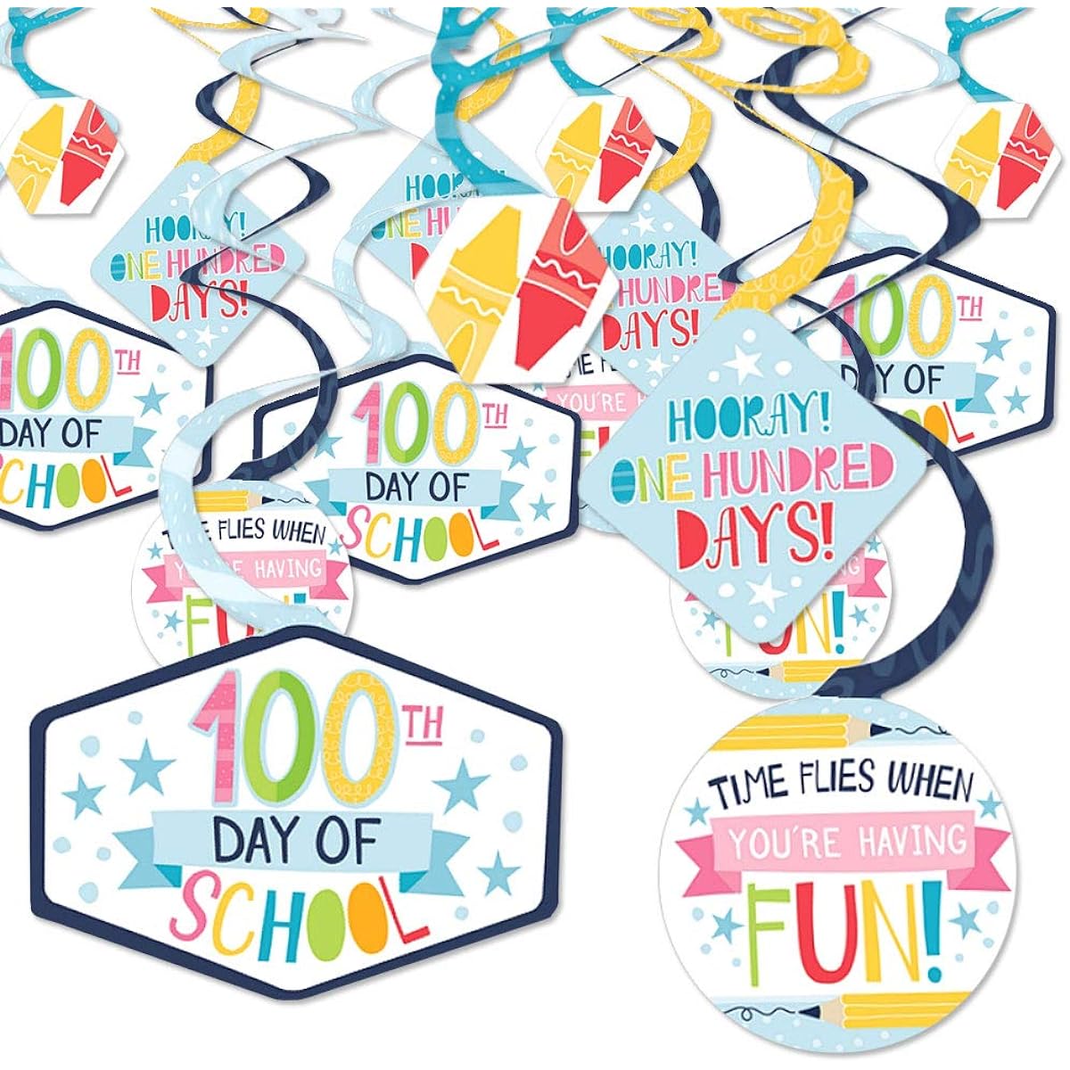 Big Dot of Happiness Happy 100th Day of School - 100 Day Party Hanging Decorations - Party Decoration Swirls - Set of 40