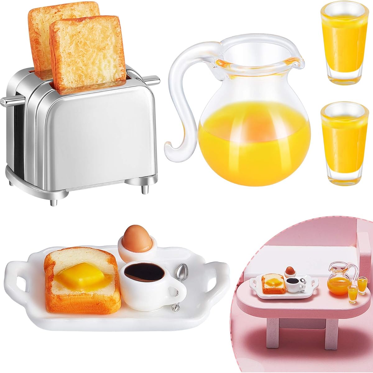 Dollhouse Decoration Accessories 1:12/1:6 Dollhouse Miniature Scene Model Mini Kitchen Accessories Set Scene Breakfast Set Pretend Toy DIY Birthday Gift Decoration (Juice, Butter, Bread Machine Set)