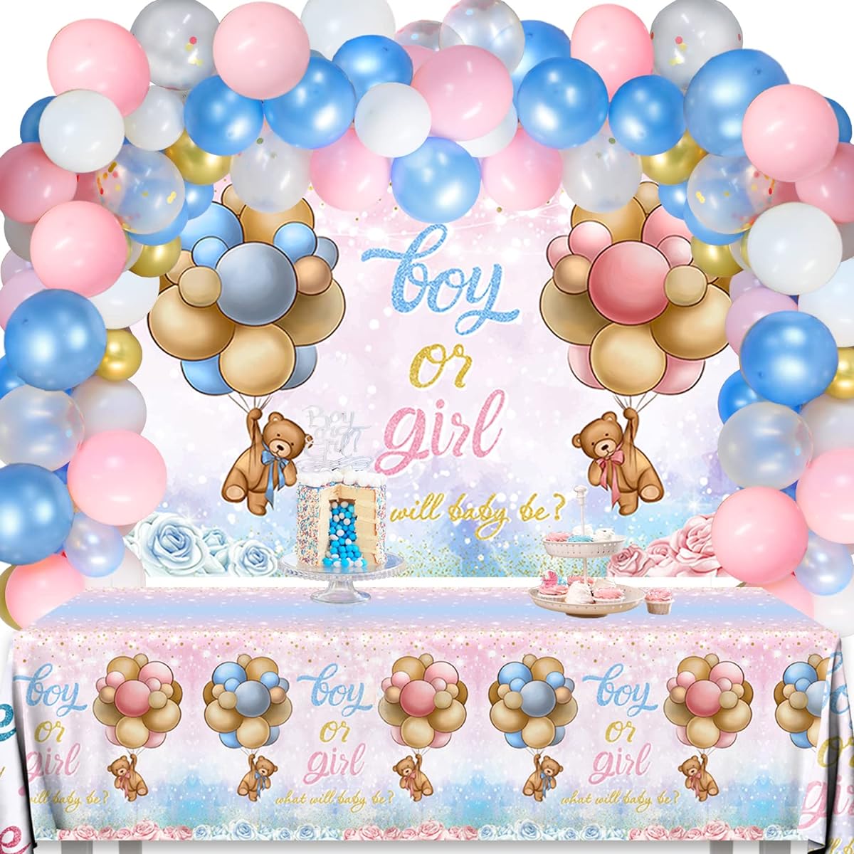 Bear Gender Reveal Decorations - Bear Baby Gender Reveal Supplies, Boy or Girl Backdrop, Bear Tablecloth, Latex Balloons for Baby Shower Decorations