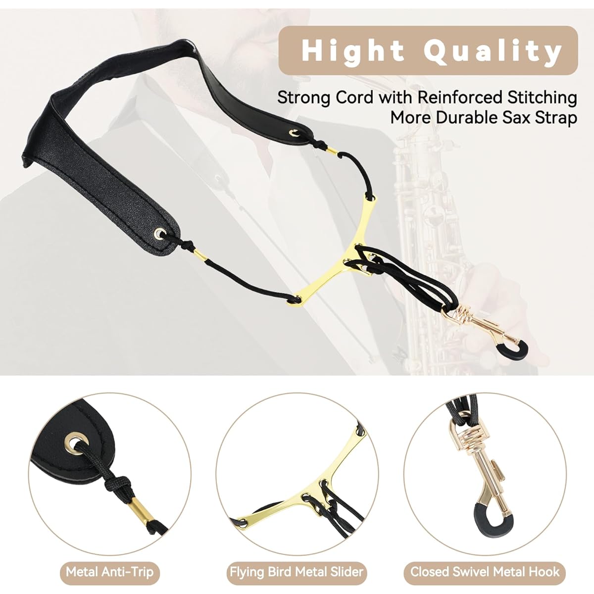RANMING Saxophone Neck Strap Alto Saxophone Neck Strap Adjustable Length Leather Saxophone Sealed Swivel Metal Hook Saxophone Padded Neck Strap for Alto Tenor Saxophone Clarinet Oboe