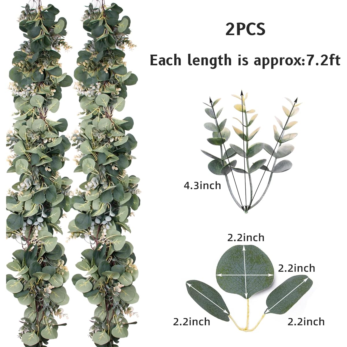 LUZOGA Eucalyptus Garland Rush, Natural Look Artificial Greenery Garland Vines for Wedding Decorations, Table Runners, Mantles. Richly Textured Boxwood, Silver Dollar Eucalyptus Leaves, 2 Pieces