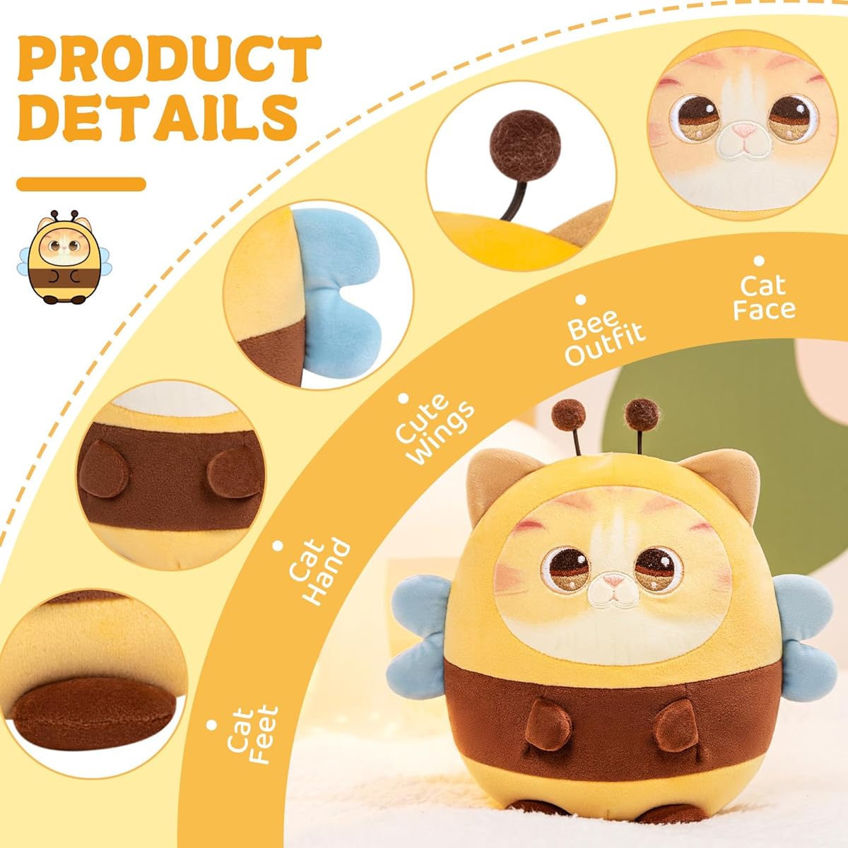 Mewaii Cute Cat Bee Kids Plush Pillow Cute Stuffed Animals Kawaii Animal Soft Cat Plush Toy Bee Costume Squishy Stuffed Animal Gift for Girls