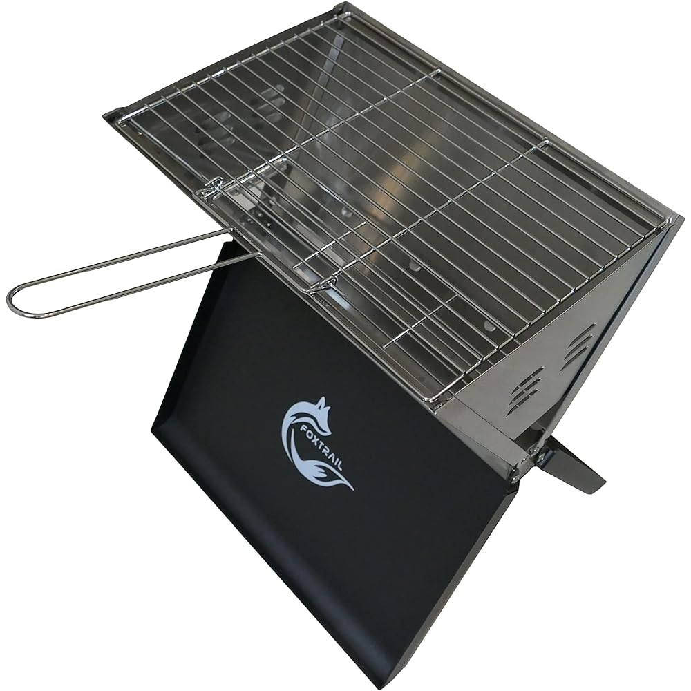 [FOXTRAIL] Folding BBQ Stove with Bag and Grill Tools for 2 to 4 People BBQ Outdoor & Camping Cooking/Bonfire Stand Stainless Steel Notebook Folding BBQ Stove