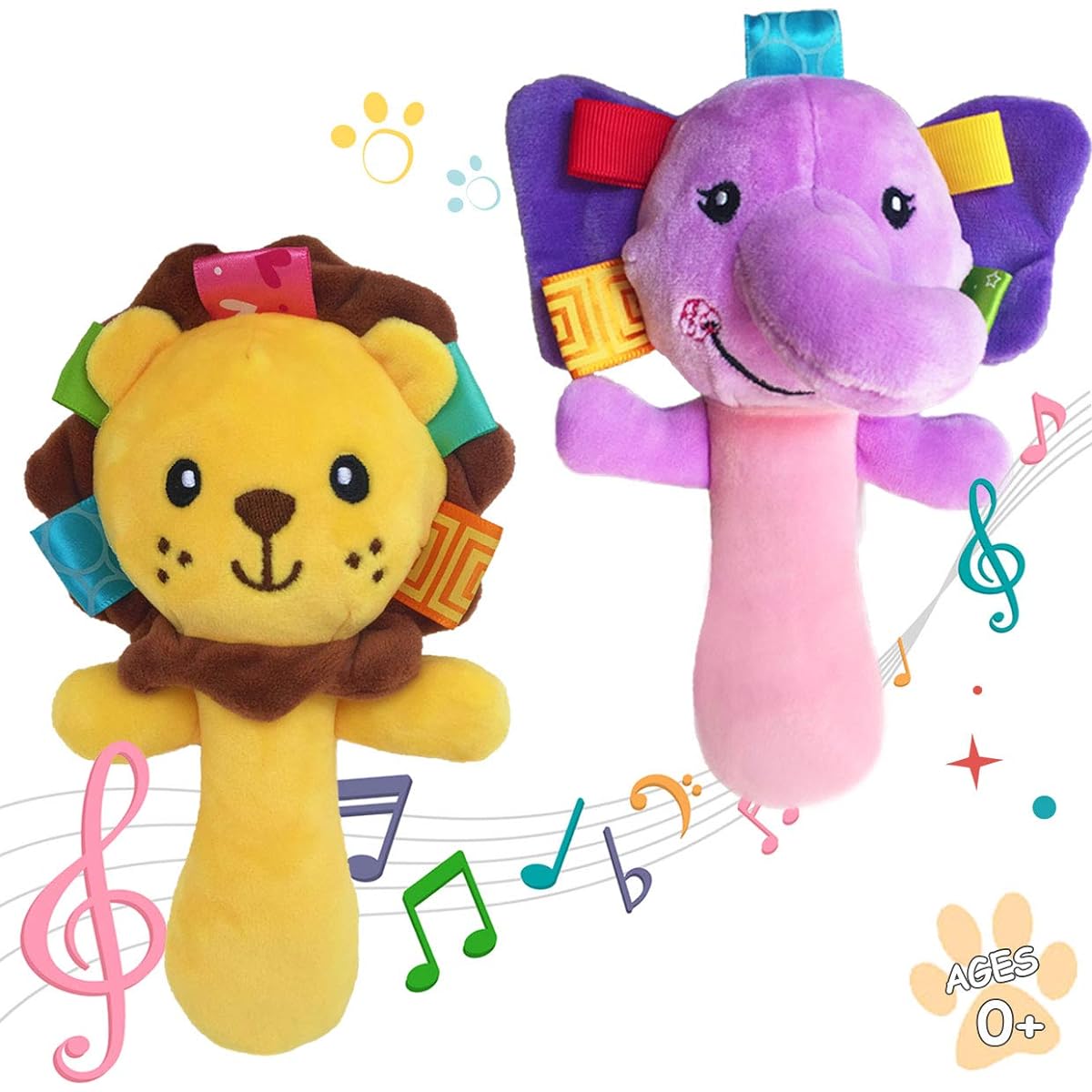 Cartoon Stuffed Animal Baby Soft Plush Hand Rattle Squeaker Sticks for Toddlers - Elephant and Lion