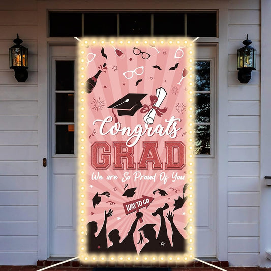 2024 Graduation Banner with LED Light Strip Decoration Congratulations Graduation Graduation Party Door Sign Banner for Indoor Outdoor Photo Backdrop Decor 71 x 36 Inch (Pink)