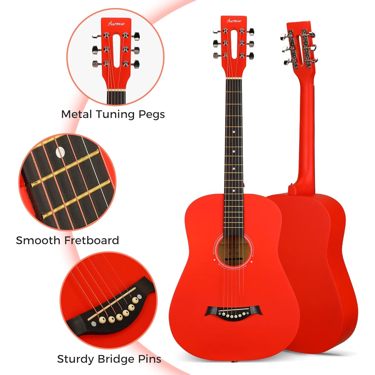 Asmuse 38" Acoustic Guitar Kit - Full Size Classical Acoustic Guitar 6 String with Gig Bag, Tuner, Picks, Straps and Accessories for Beginners, Adults and Teens (Red)
