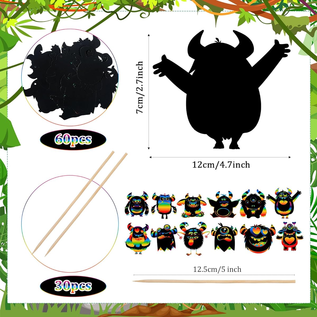 Lincia 60 Pieces Monster Scratch Cards for Kids Scratch Craft Cards Monster Rainbow Craft Party Favors Art DIY Birthday Gift Supplies Home Decoration Projects 12 Styles