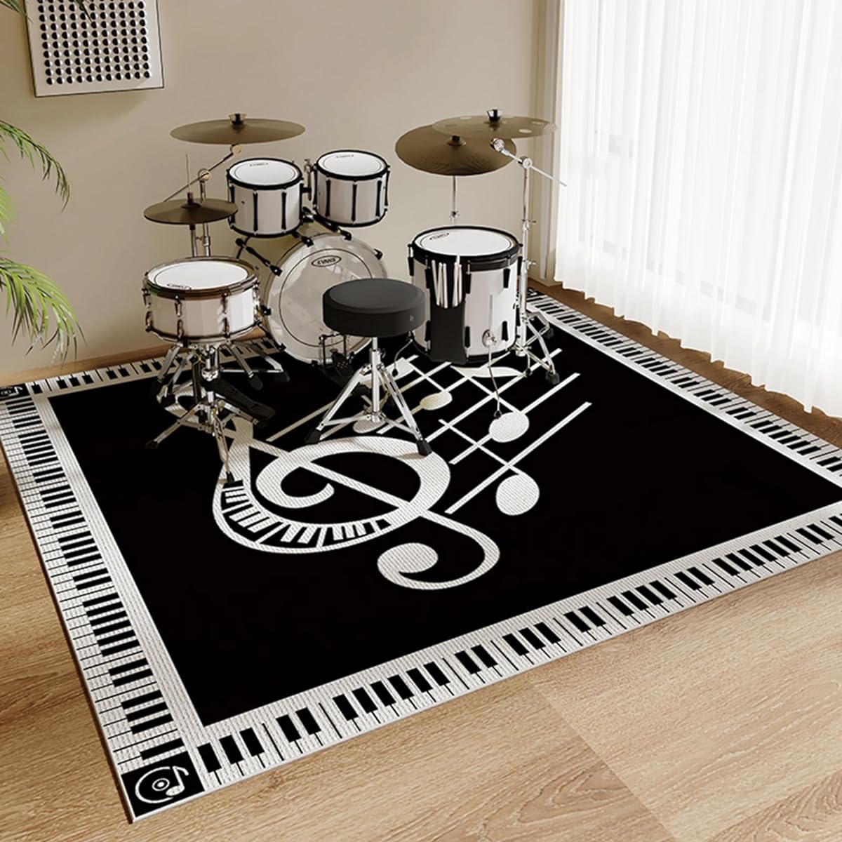 Piano mat, piano key pattern carpet, mat, electronic piano, 200 x 200 cm, short pile, square, non-slip, suction, shock absorbing, soundproof, durable, Nordic style, modern, fashionable, drum, flooring, percussion, musical instrument, bass drum