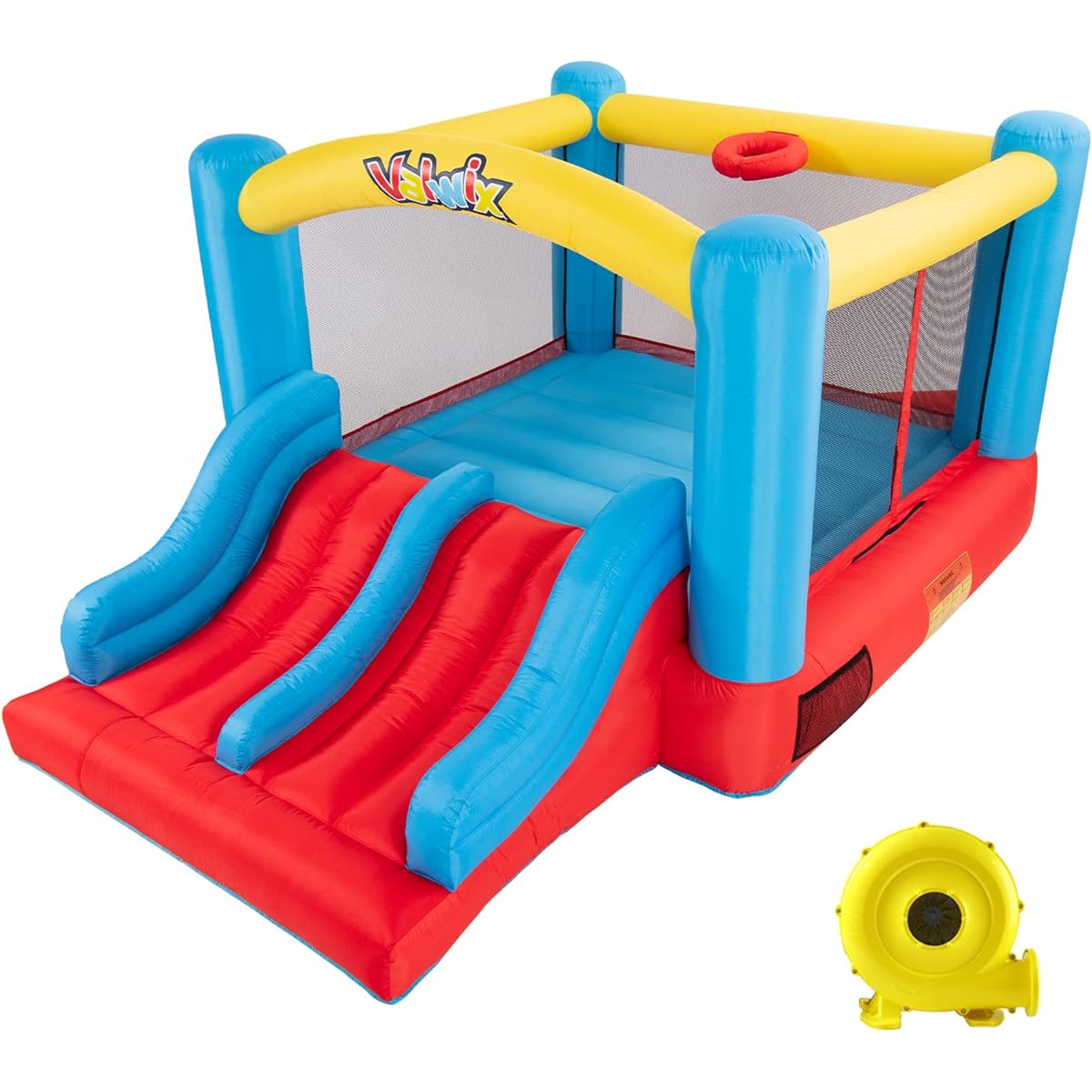 Valwix Inflatable Bounce House for Indoor/Outdoor Use with Blower for Kids Ages 3-10, Bouncy Castle with Double Slide, Large Bounce Area, Basketball Hoop, 300 lbs Capacity