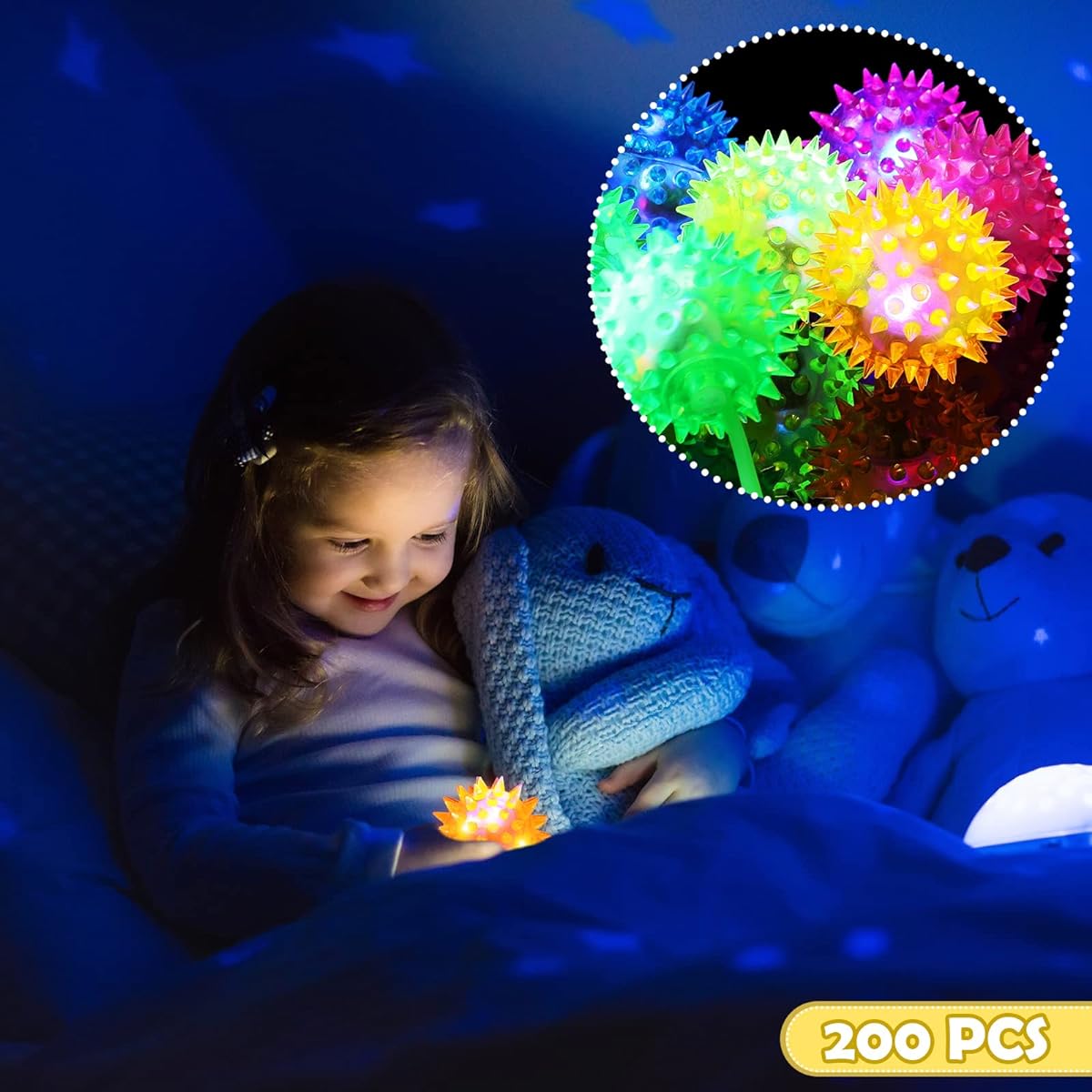 200pcs Bulk Light Up LED Balls Spiky Bouncy Balls Flashing Squeaky Balls Blinking Sensory Toys Multicolor Puffer Balls Stress Relief Balls Rubber Toys for Teens/Adults