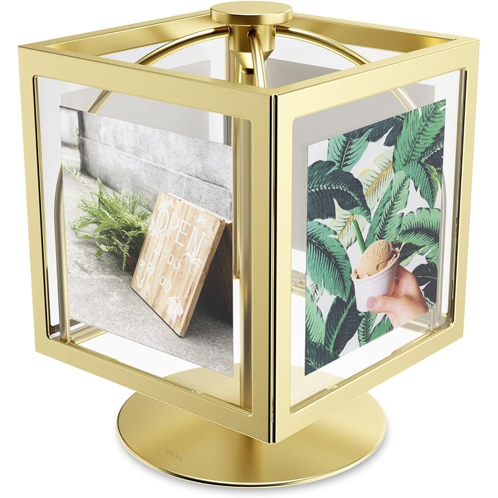 umbra Photo Frame Rotating Photo Display Tabletop 4 Photo Frame Brass ROCKER 21016502221 W11 x D11 x H15cm