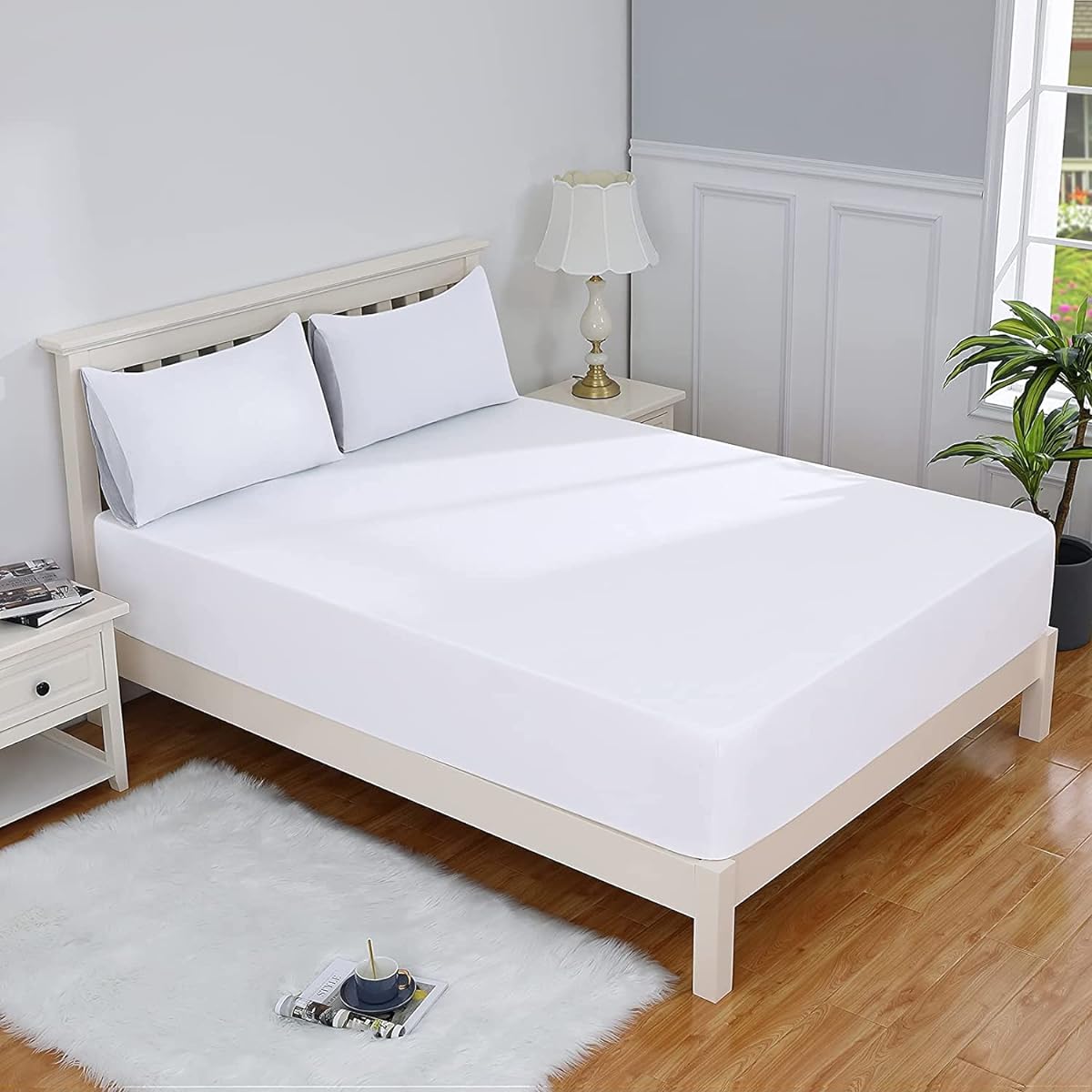 eBeddy Linens Pure Cotton | 1 Fitted Sheet Queen Size | White Solid | Soft, Breathable and Lightweight | Fitted Sheet 16"-18" with Elastic Deep Pocket