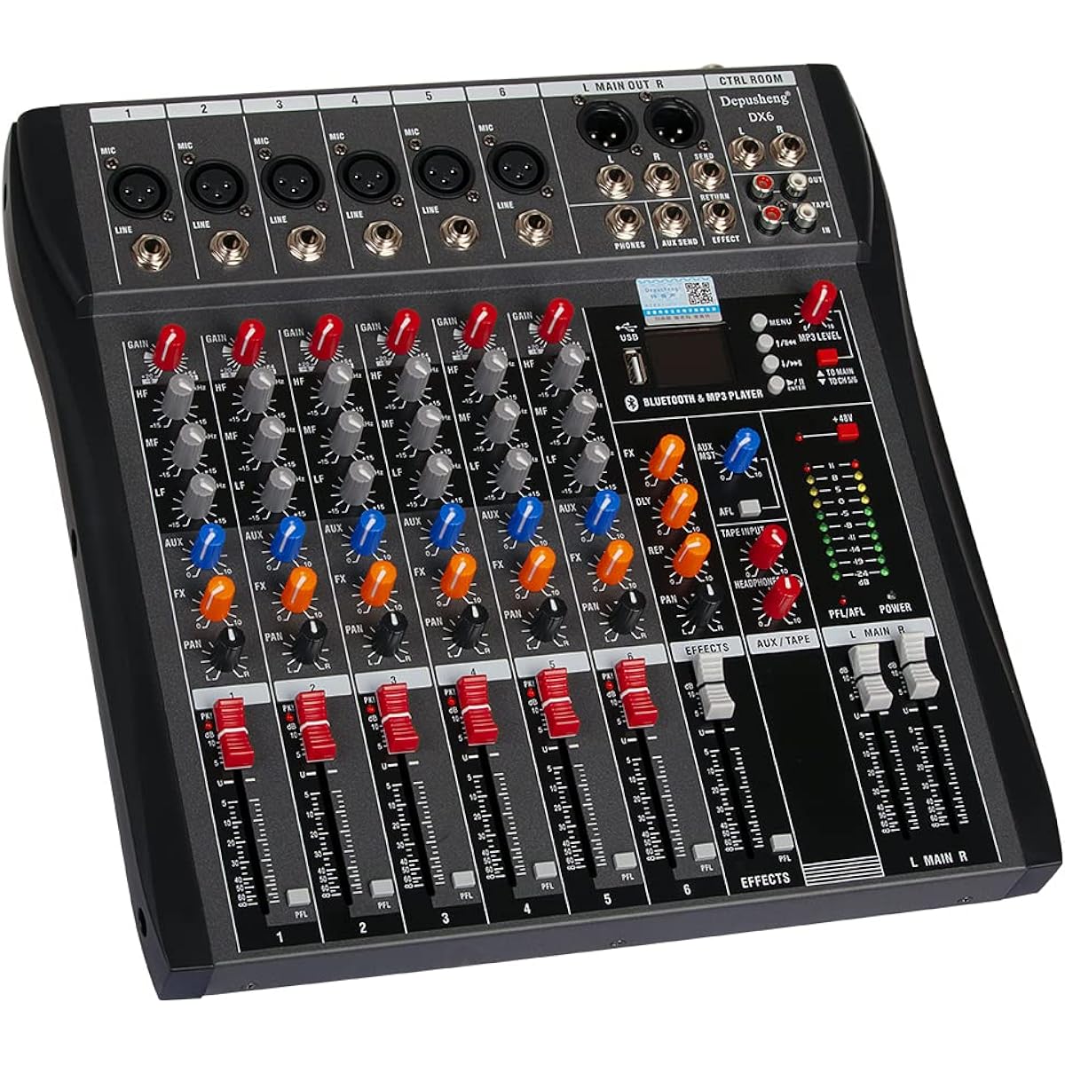 DJ Sound Controller Interface W/USB Drive Computer Recording 6 Channel Studio Audio Mixer - XLR Mic Jack, 48V Power, RCA Input and Output - Depusheng DX6
