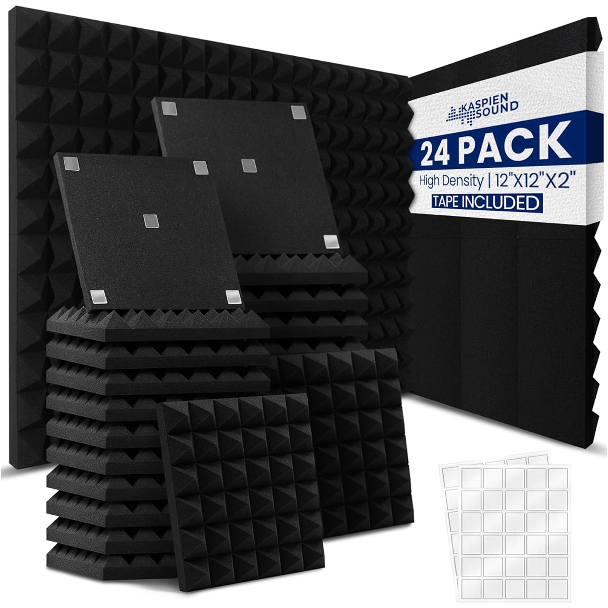Kaspien Sound | Pack of 24 | High Density Acoustic Foam Wall Panels | Pyramid Shape | Double Sided Adhesive Tape | Sound Absorbing Acoustic Panels | Acoustic Foam Panels for Walls | 12x12x2 inches