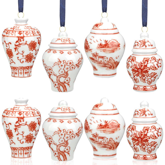 Vesici Christmas Chinoiserie Ornaments, Mini Ginger Jar Ornaments, Porcelain Hanging Ornaments, Blue and White Ginger Jar Chinoiserie Decor for Christmas Tree Decorations (Red)