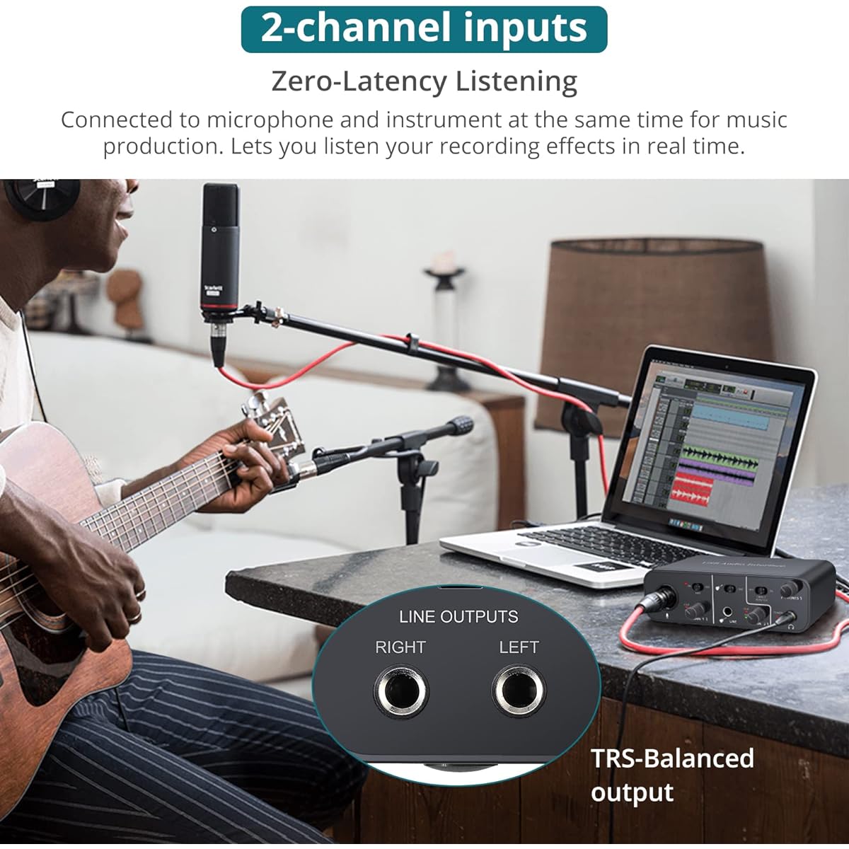 USB Audio Interface 2 in 2 Output, Computer Audio Interface with 48V Phantom Power TRS Balanced Free Driver Installation Supports Studio Sound Recording Streaming and Podcasting for PC/Win/Mac