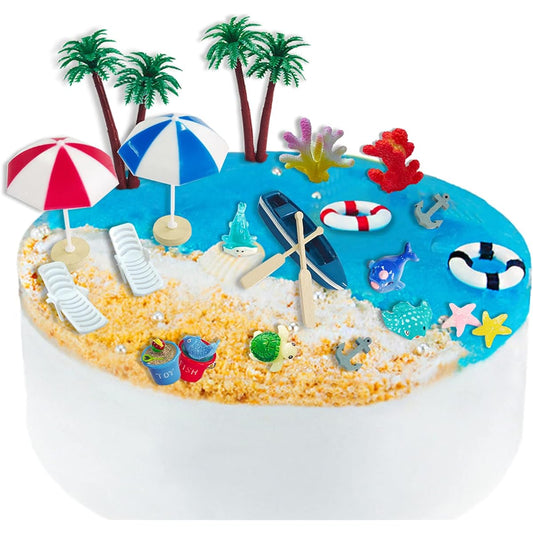 21 Pieces Beach Cake Topper Hawaiian Chairs Boat Palm Tree Umbrella Dollhouse Decor Miniature Ornaments Kit Set Swimming Pool Summer Beach Birthday Party Supplies