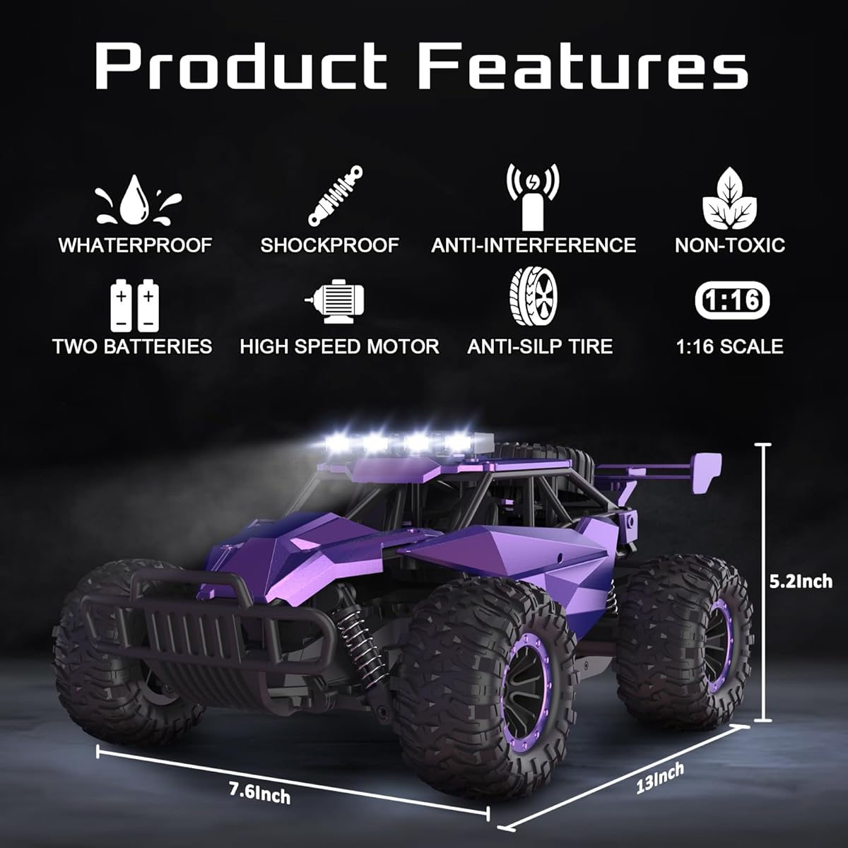 LARVEY 2WD 1:16 Scale Purple Remote Control Car 20Km/h High Speed Girls Remote Control Car Monster Vehicle with LED Headlights and Chassis Lights RC Car for Girls Boys Adults