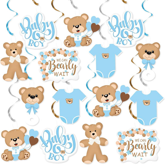 20pcs Blue Bear Baby Shower Party Hanging Swirl Decorations, Baby Shower Decorations for Boys Foil Ceiling Swirls Teddy Bear Hanging Decor Streamers Birthday Party Supplies