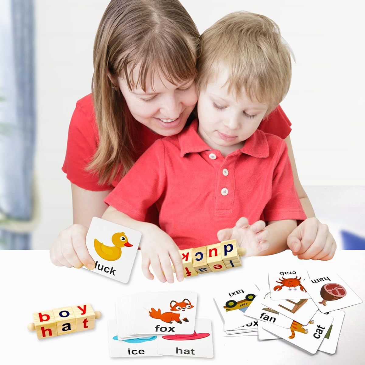 Celarlo Wooden Reading Blocks Spelling Game Flash Cards Rotating Letter Puzzle for Kids Sight Words Montessori Rotating Alphabet