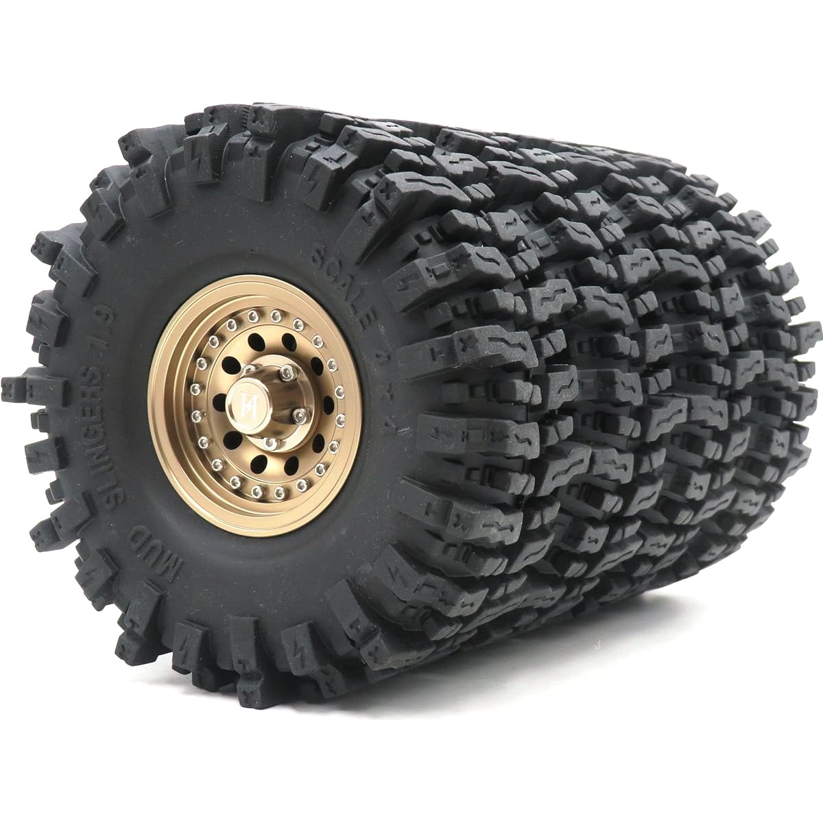 4pcs RC 1.9 Mud Slinger Tire Super Grip Tire Height 120mm / 4.72'' & Aluminum 1.9 Heavy Duty Beadlock Wheel Rim Champagne Gold Color